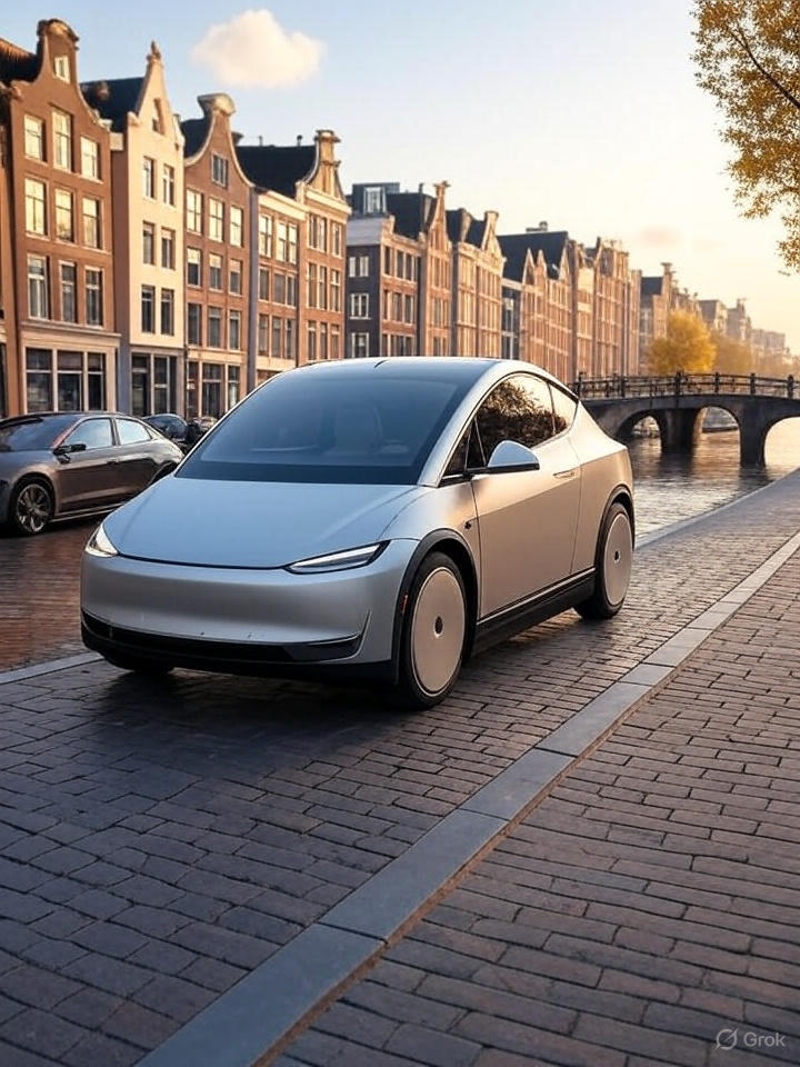 Tesla Robotaxi driving on a futuristic Amsterdam street with canals, showcasing Tesla Robotaxi in Europe 2025.