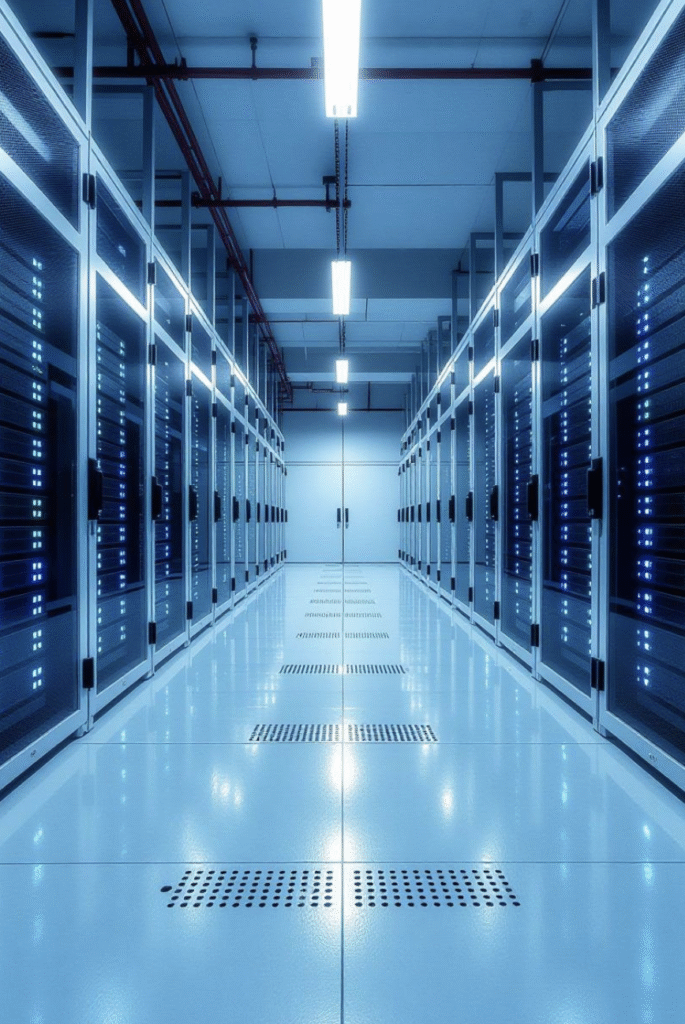 Tesla Dojo supercomputer in a high-tech datacenter, showcasing the AI powerhouse supporting Tesla’s innovations in 2025.