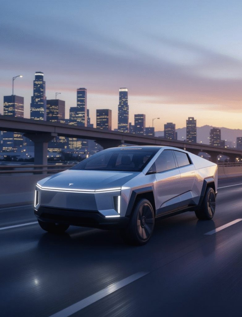 Tesla Cybertruck driving on road with OTA update display, showcasing Tesla Cybertruck updates in 2025.