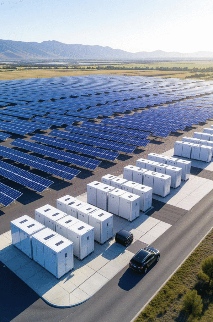 Virtual power plant network of Tesla Megapacks, illustrating Tesla sustainability goals in 2025.