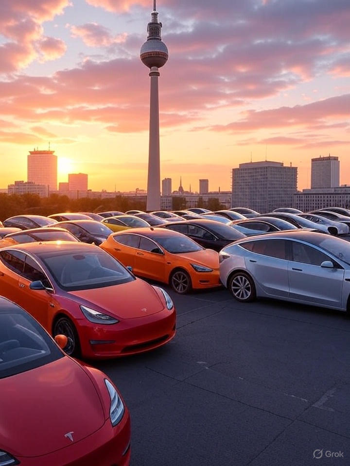 Tesla Robotaxi fleet in Berlin with modern architecture, highlighting Tesla Robotaxi in Europe 2025