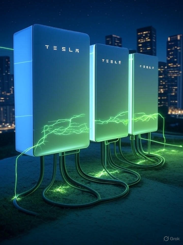 Virtual power plant with interconnected Powerwall units in a futuristic energy grid, powered by Tesla AI innovations in 2025.