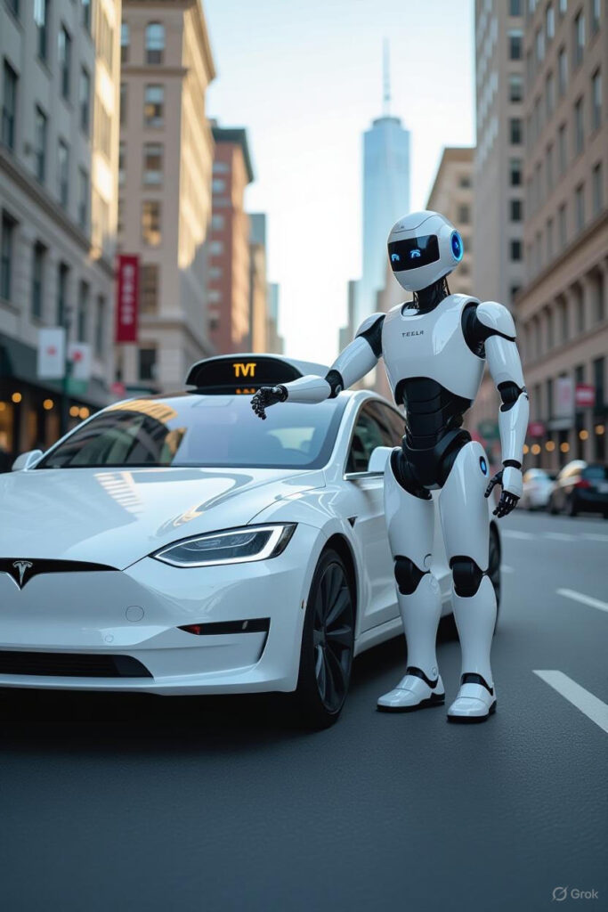 Tesla’s Robotaxi driving on a futuristic city street, showcasing autonomous technology for Tesla’s future in 2025.