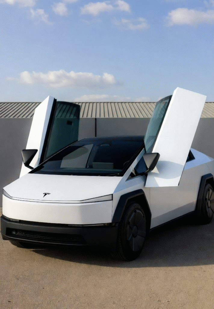 Tesla Cybercab prototype, highlighting Tesla Robotaxi updates 2025.