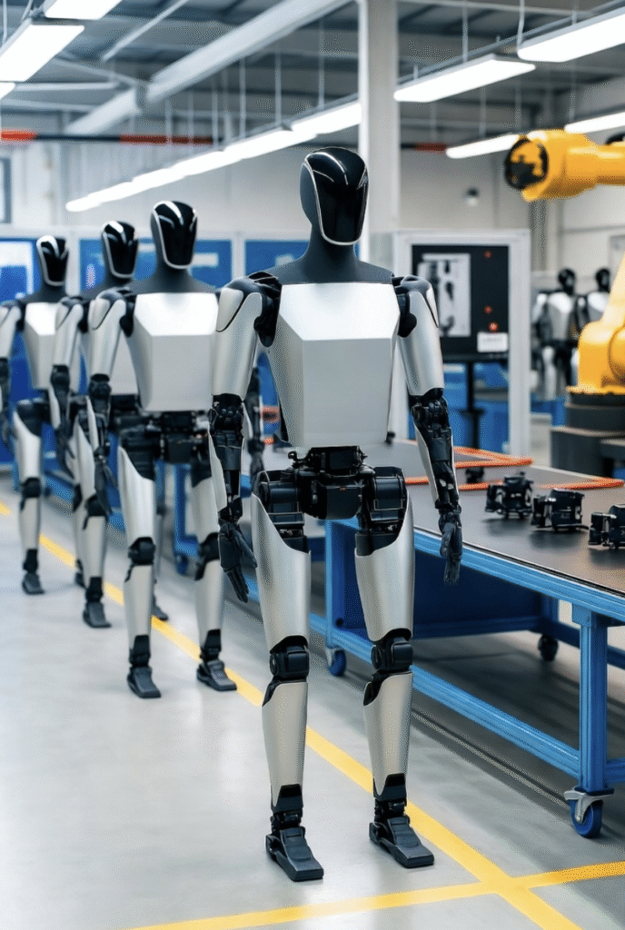 Tesla Optimus robot in production line, highlighting Tesla Optimus production 2025.