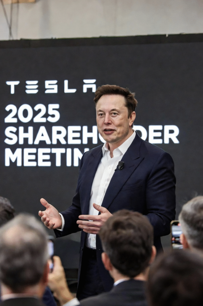 Elon Musk speaking live at Tesla shareholder meeting 2025, addressing compensation.