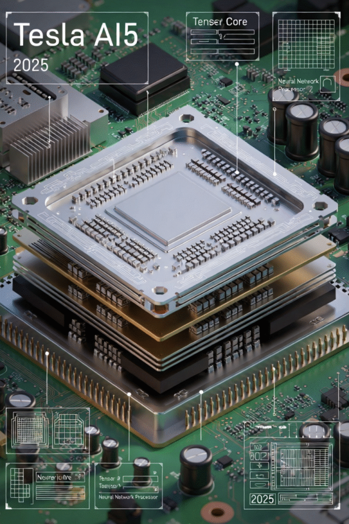 Tesla AI5 chip design rendering, showcasing next-gen AI hardware in 2025.